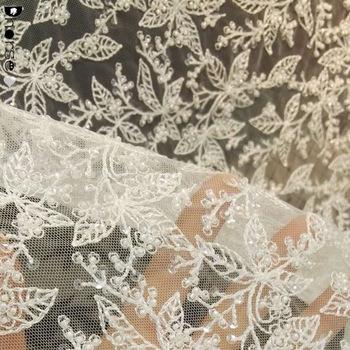 White Beaded Lace Fabric