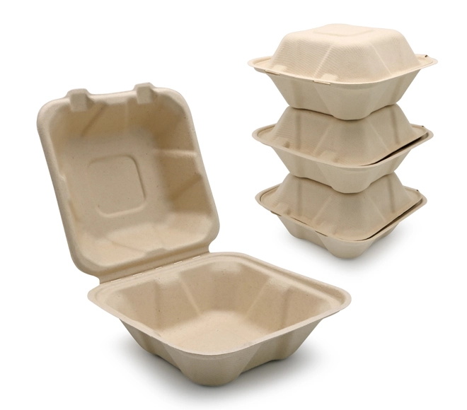6 inch Disposable Microwave Eco Friendly Waterproof Take Out Bagasse Fiber Hamburger Clamshell Box
