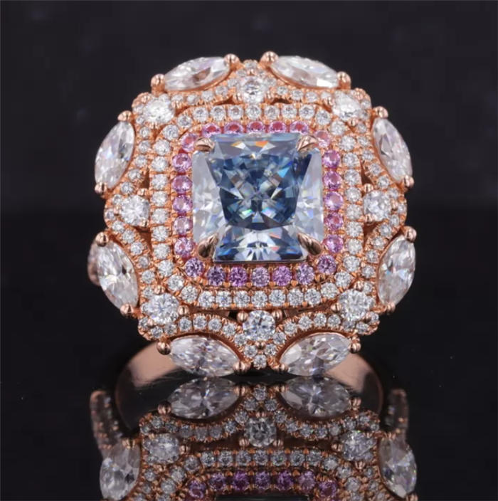 8×8mm Asscher Cut Blue Diamond Color Moissanite 10K Rose Gold Engagement Ring